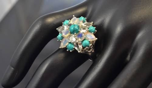 STUNNING! REAL AQUMARINE, FIRE OPAL & TURQUOISE 925 SILVER RING SIZE 7.5