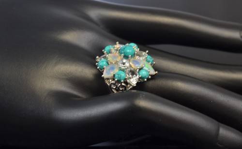 STUNNING! REAL AQUMARINE, FIRE OPAL & TURQUOISE 925 SILVER RING SIZE 7.5