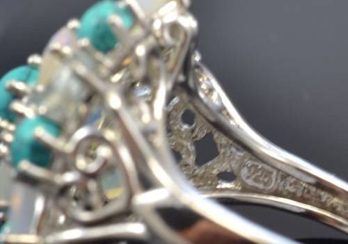 STUNNING! REAL AQUMARINE, FIRE OPAL & TURQUOISE 925 SILVER RING SIZE 7.5