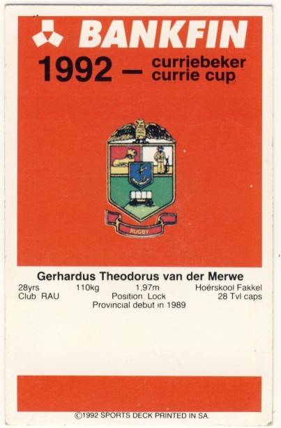 Sports Deck 1992 Currie Cup, Kuifie van der Merwe, Transvaal # 85, Trading Card