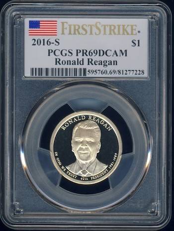 2016 PCGS Graded Proof-69 DCam First Strike, Presidential Dollar, $1, USA, America, Reagan