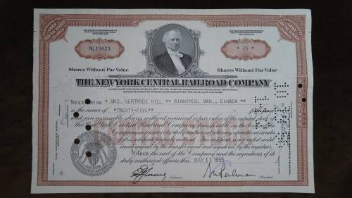 New York Central Railroad Company, Stock Certificate, 1955, 25 Shares