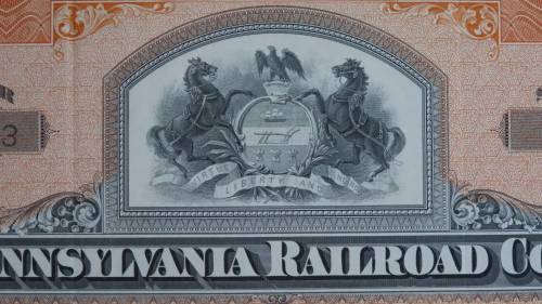 Pennsylvania Railroad Company, Stock Certificate, 1952, 45 Shares with USA Duty Stamps