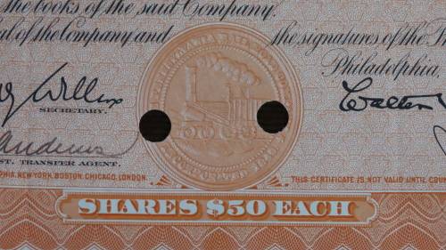 Pennsylvania Railroad Company, Stock Certificate, 1952, 45 Shares with USA Duty Stamps