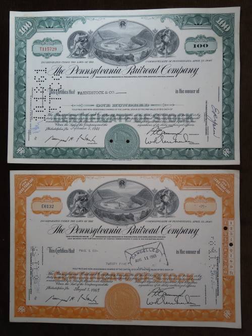 2 x Pennsylvania Railroad Company, Stock Certificates, 1961 + 1965