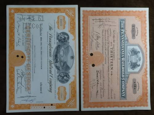 Set of Two Pennsylvania Railroad Company, Stock Certificates, 1952 to 1961