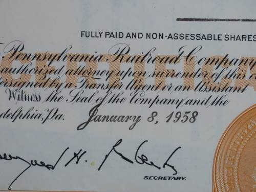 Set of Two Pennsylvania Railroad Company, Stock Certificates, 1952 to 1958