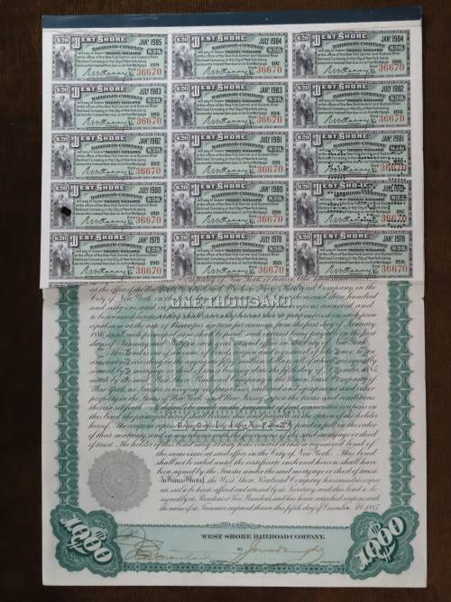 1885 West Shore Railroad Company, $1000 Bond Certificate With  Coupons 36670