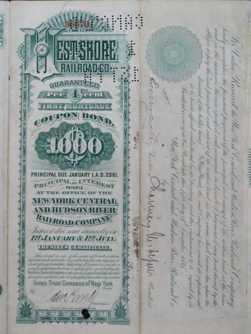 1885 West Shore Railroad Company, $1000 Bond Certificate With  Coupons 36670