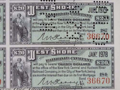 1885 West Shore Railroad Company, $1000 Bond Certificate With  Coupons 36670