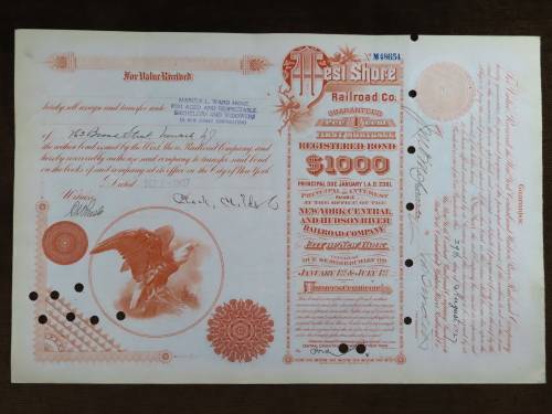 Set of 2 1885 to 1927 West Shore Railroad Company, $1000 Bond Certificate With  Coupons 2017