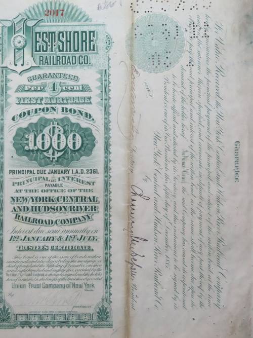 Set of 2 1885 to 1927 West Shore Railroad Company, $1000 Bond Certificate With  Coupons 2017