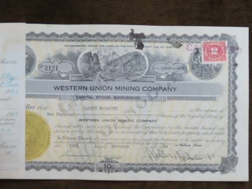 1924 Western Union Mining Company, Stock Certificate, 1000 Shares , 3121