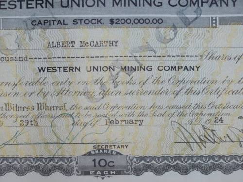 1924 Western Union Mining Company, Stock Certificate, 1000 Shares , 3121