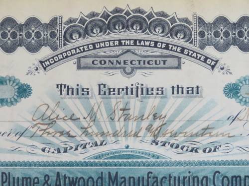 1901 Plume And Atwood Manufacturing Company, Stock Certificate, 317 Shares , 207