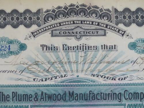 1901 Plume And Atwood Manufacturing Company, Stock Certificate, 100 Shares , 224