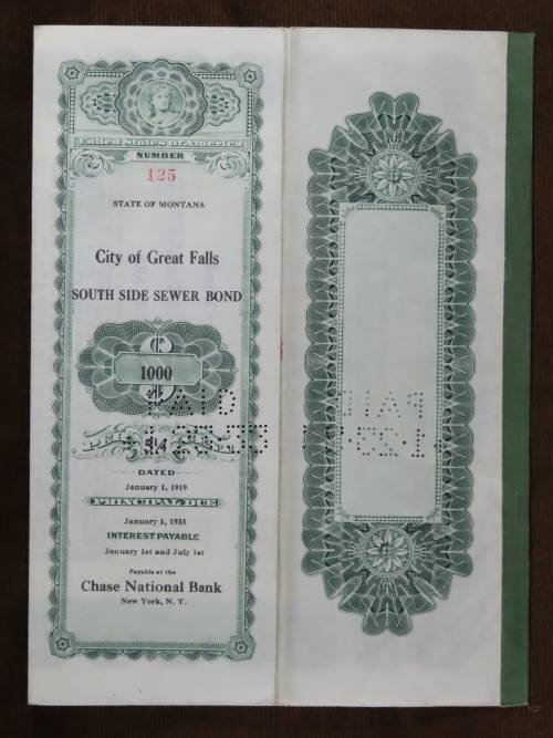 1919 City of Great Falls - South Side Sewer Bond, $1000 Bond, 125