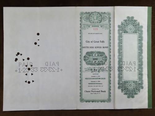 1919 City of Great Falls - South Side Sewer Bond, $1000 Bond, 125