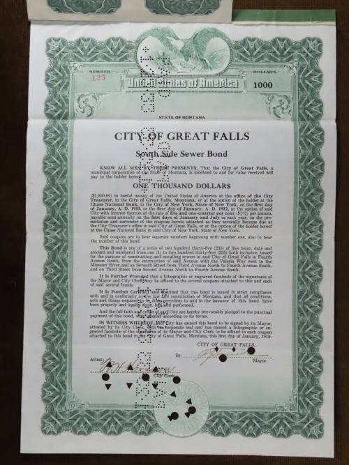 1919 City of Great Falls - South Side Sewer Bond, $1000 Bond, 125