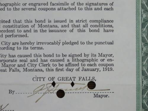 1919 City of Great Falls - South Side Sewer Bond, $1000 Bond, 125
