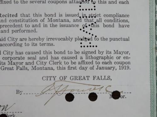 1919 City of Great Falls - South Side Sewer Bond, $1000 Bond, 85