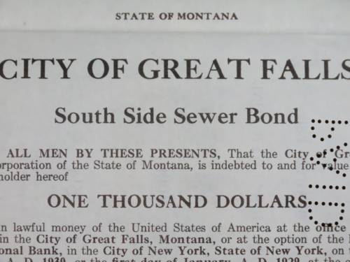 1919 City of Great Falls - South Side Sewer Bond, $1000 Bond, 85