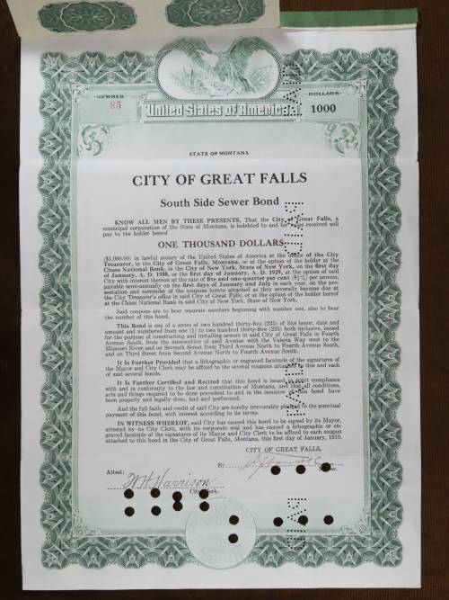 1919 City of Great Falls - South Side Sewer Bond, $1000 Bond, 85
