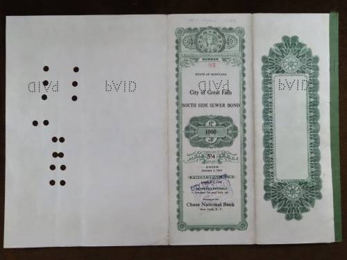 1919 City of Great Falls - South Side Sewer Bond, $1000 Bond, 85