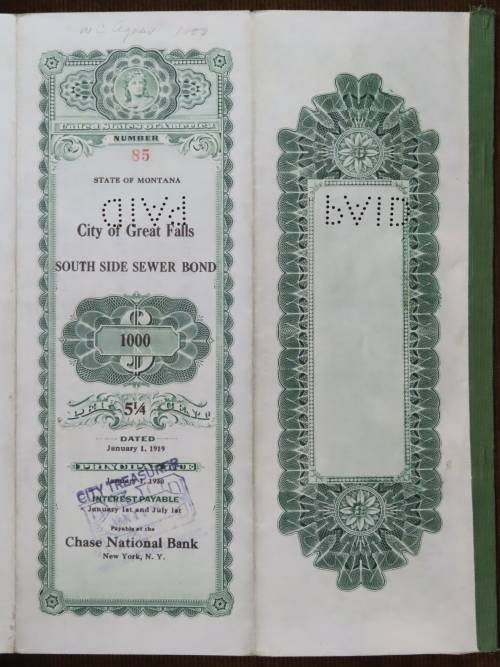 1919 City of Great Falls - South Side Sewer Bond, $1000 Bond, 85