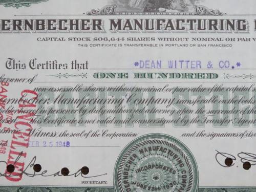 1948 Doernbecher Manufacturing Company , Stock Certificate, 100 Shares, SF2474