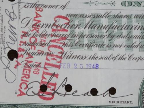 1948 Doernbecher Manufacturing Company , Stock Certificate, 100 Shares, SF2474