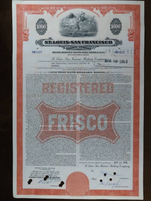 1948 St Louis San Francisco Railway Company, $1000 Bond Certificate RM1027