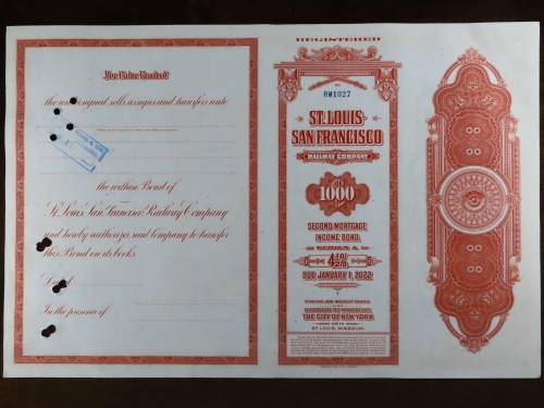 1948 St Louis San Francisco Railway Company, $1000 Bond Certificate RM1027
