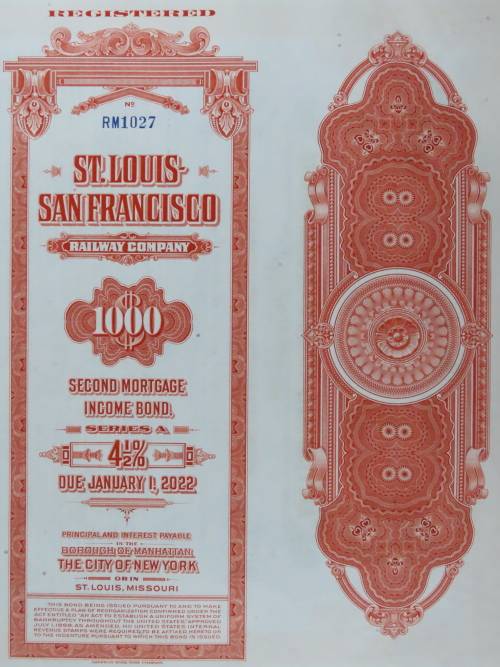 1948 St Louis San Francisco Railway Company, $1000 Bond Certificate RM1027