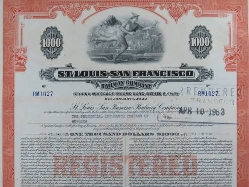 1948 St Louis San Francisco Railway Company, $1000 Bond Certificate RM1027