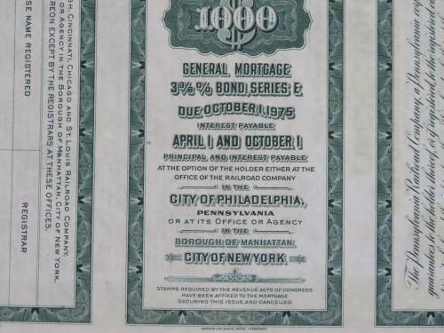 1944 Pittsburgh Cincinnati Chicago and St Louis Railroad Company, $1000 Bond Certificate 2463