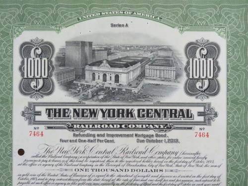 1913 The New York Central Railroad Company, $1000 Bond Certificate 7464