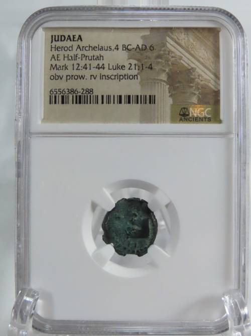 Ancient Judaea Half Prutat Coin, 4 BC NGC Herod Archelaus