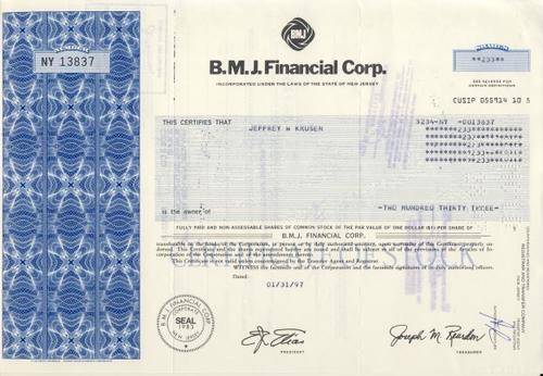 B.L.J. Financial Stock Certificate , 233 Shares , 1997