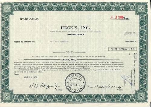 Heck's Stock Certificate , 1 Shares , 1973