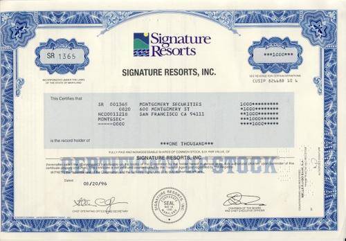 Signature Resorts Stock Certificate , 1000 Shares , 1996