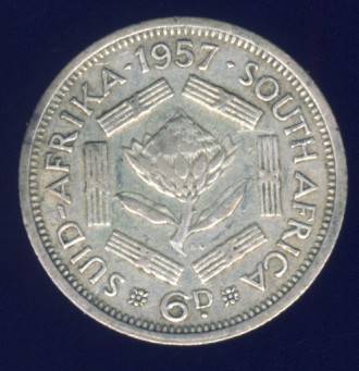 1957 Sixpence coin, 6d , South Africa, Silver, Elizabeth II , No reserve