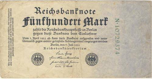 Germany - 500 Mark, 1922 , Five Hundred Mark, p74 Green Variant