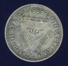 1958 Tickey coin, 3d , South Africa, Silver, Elizabeth II , No reserve