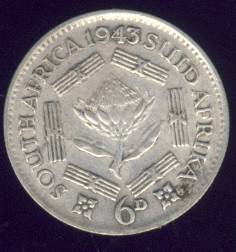 1943 Sixpence coin, 6d, South Africa, Silver, George VI , No reserve