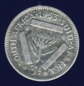 1953 Tickey coin, 3d , South Africa, Silver, Elizabeth II , No reserve