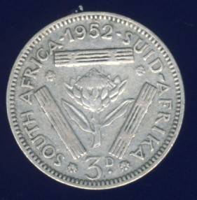 1952 Tickey coin, 3d , South Africa, Silver, George VI , No reserve