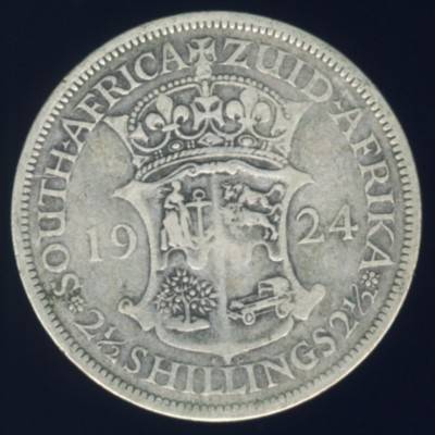 1924 Half Crown coin, 2/6, 2 1/2 Shilling, South Africa, Silver, George V, No reserve