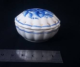 Blue & White trinket pot with flared edges and gilt detail.  In perfect condition