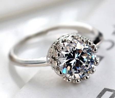 1.28 carat Round Cut Cr. Diamond Solitaire Ring. Rhodium Plated. Size 8/P/p1/2
